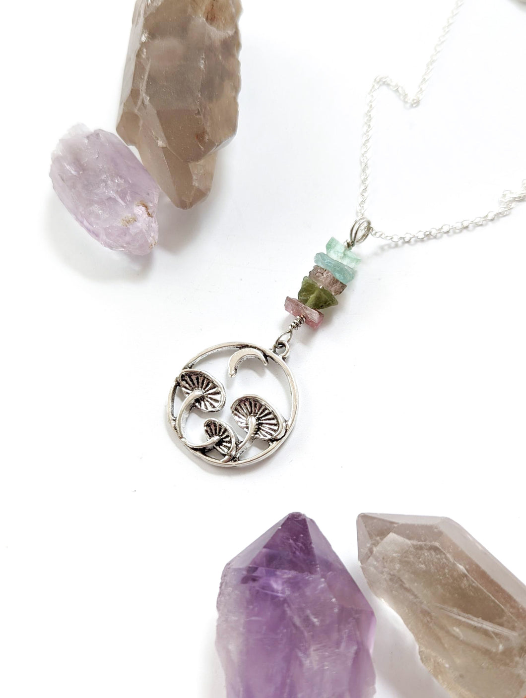 Watermelon Tourmaline Moon Mushroom Necklace