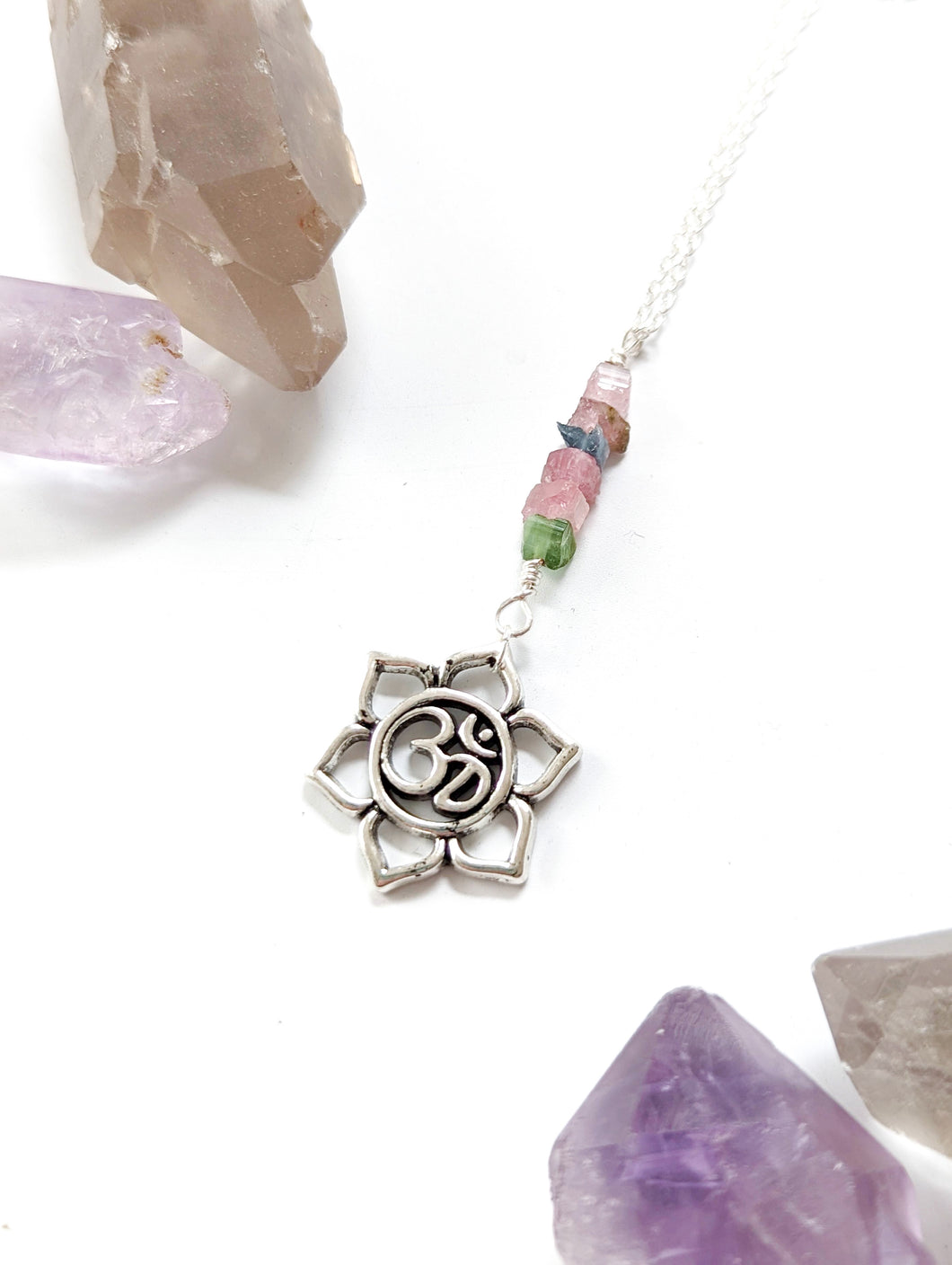 Watermelon Tourmaline Flower Om Necklace