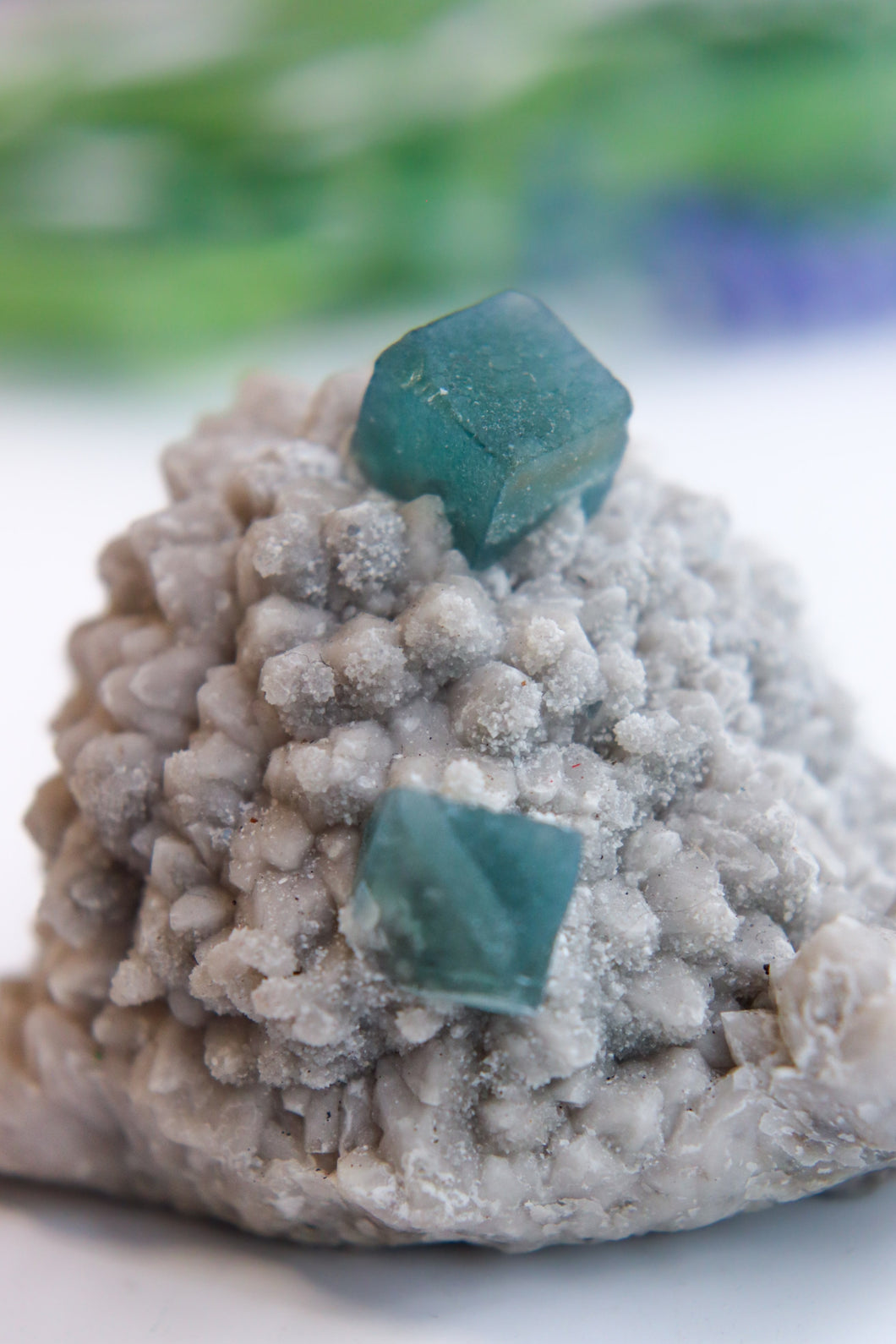 Blue Green Cubic Fluorite on Candle Quartz