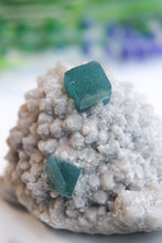 Load image into Gallery viewer, Blue Green Cubic Fluorite on Candle Quartz
