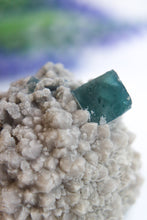 Load image into Gallery viewer, Blue Green Cubic Fluorite on Candle Quartz
