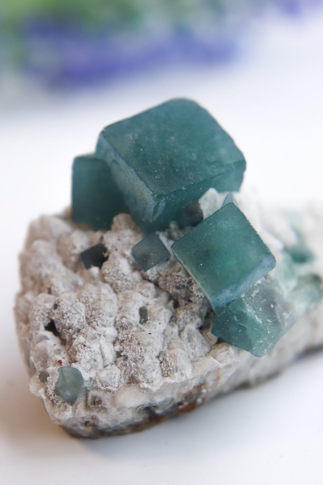 Blue Green Cubic Fluorite on Candle Quartz