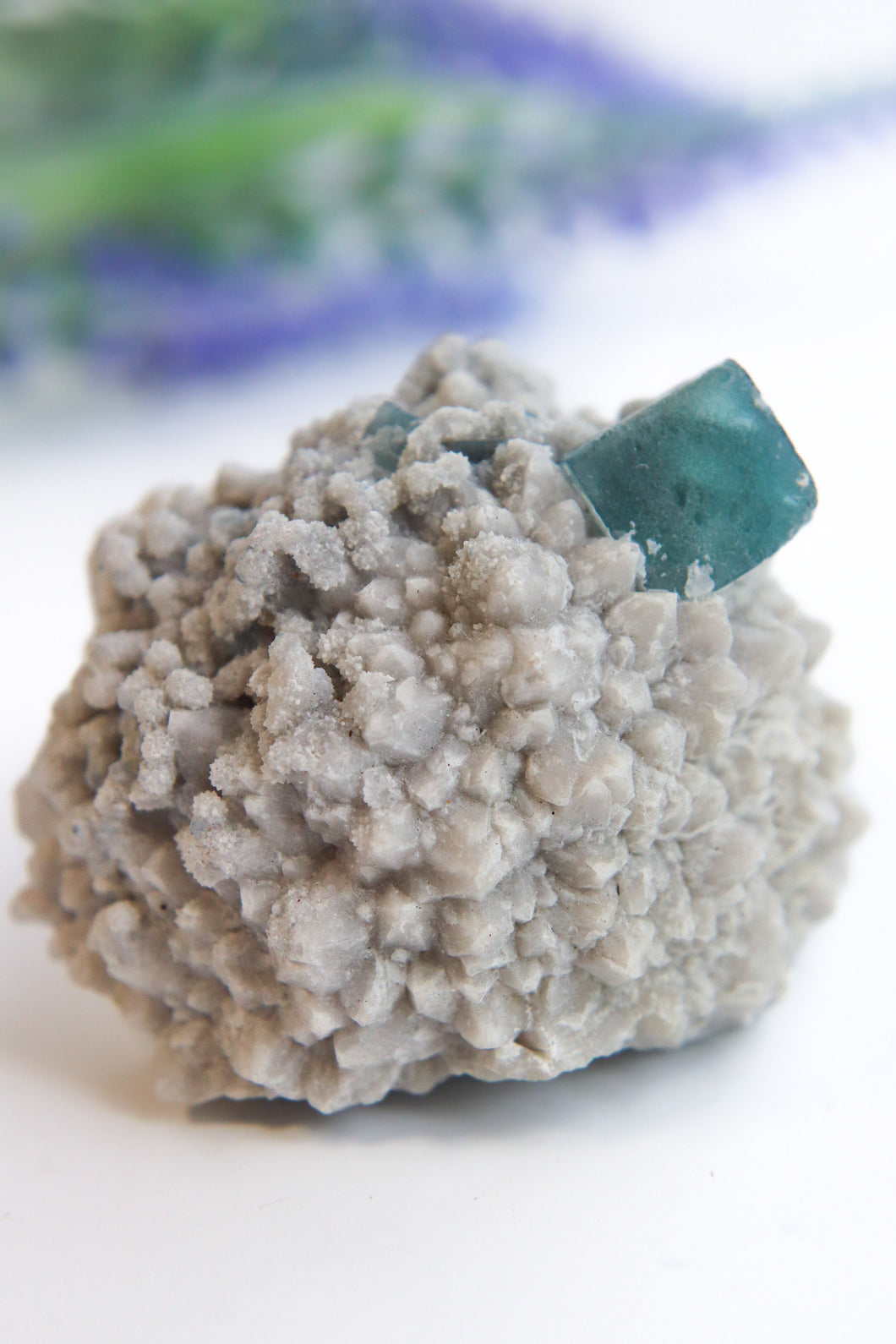 Blue Green Cubic Fluorite on Candle Quartz